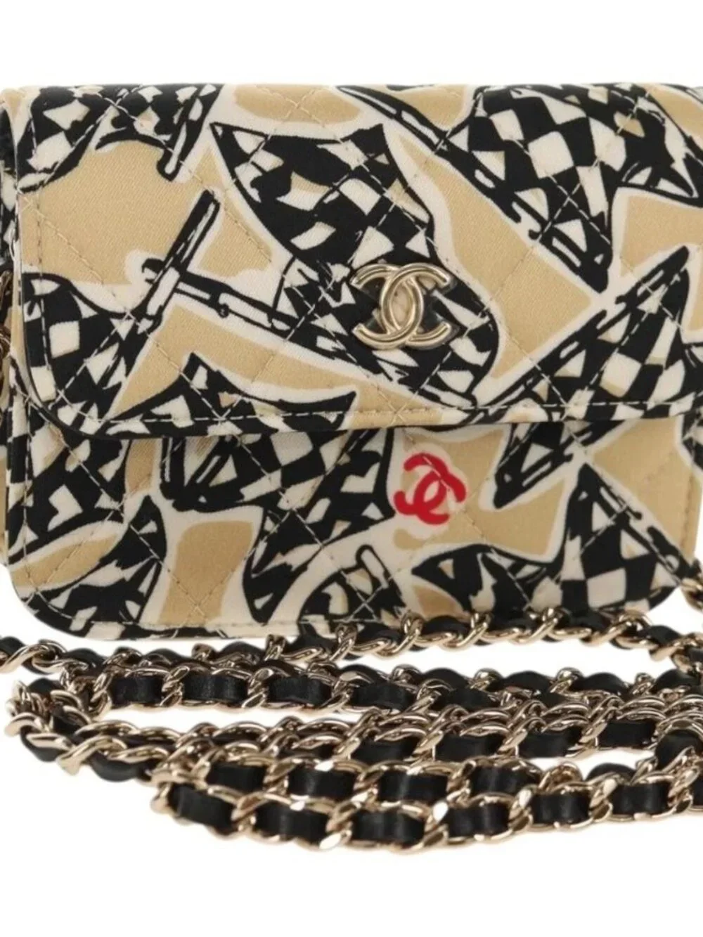 CHANEL Chain Checkered Flag Matelasse Bag Satin Beige Gold CC Auth 145708M